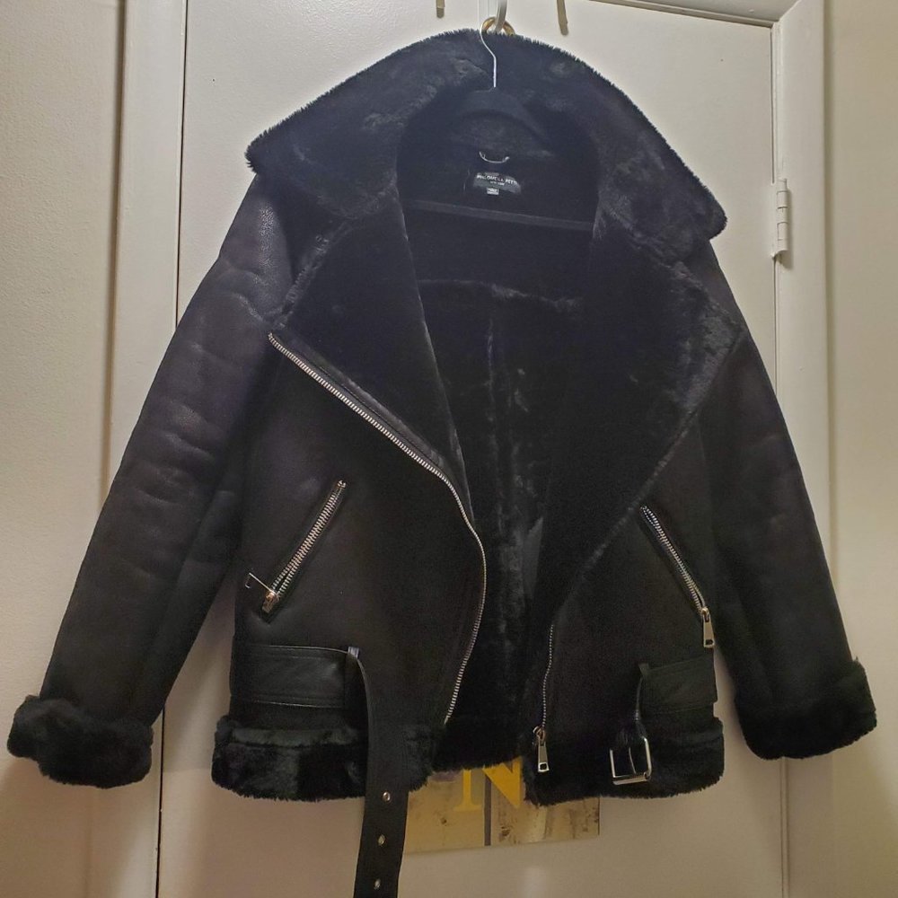 Philomena Petti Faux Leather Motorcycle Jacket, Large, Black w/belt